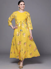 Yellow Floral Print Fit & Flare Pure Cotton Maxi Ethnic Dress-AHDRCOPG-1004-FF